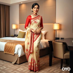 A confident Thai woman wearing an elegant cream and red Mekhela Chadar with a red blouse, accented by high heels