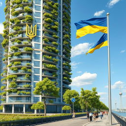 A realistic depiction of a bionic-shaped skyscraper with balconies featuring lush green trees