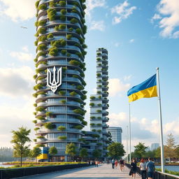 A realistic depiction of a bionic-shaped skyscraper with balconies featuring lush green trees