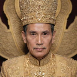 A Royal Thai king of middle age, adorned in golden royal attire with intricately designed jewelry and traditional Thai headdress, with a dignified and noble expression on his face.