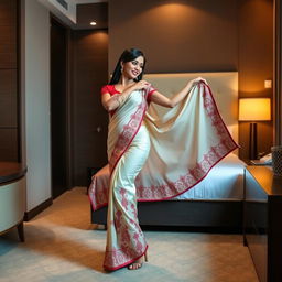 An alluring Thai woman embracing her sensuality while wearing a cream and red Mekhela Chadar with a stylish red blouse, complemented by high heels