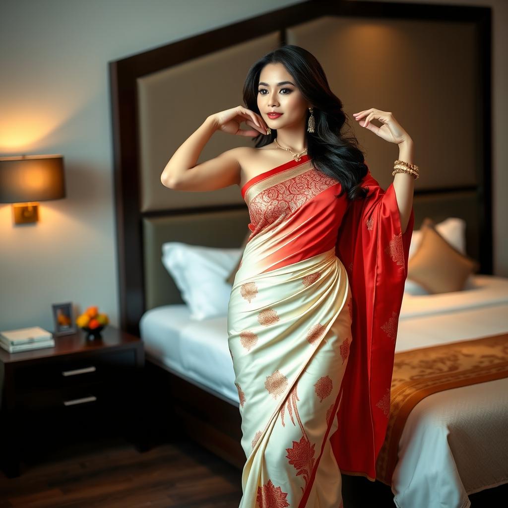 An alluring Thai woman embracing her sensuality while wearing a cream and red Mekhela Chadar with a stylish red blouse, complemented by high heels