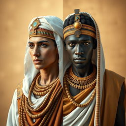 A hyper-realistic image divided into two sides, showcasing the contrast between a white Egyptian and a black Egyptian