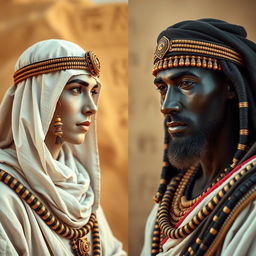 A hyper-realistic image divided into two sides, showcasing the contrast between a white Egyptian and a black Egyptian