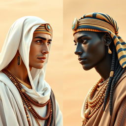 A hyper-realistic image divided into two sides, showcasing the contrast between a white Egyptian and a black Egyptian