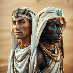 A hyper-realistic image divided into two sides, showcasing the contrast between a white Egyptian and a black Egyptian