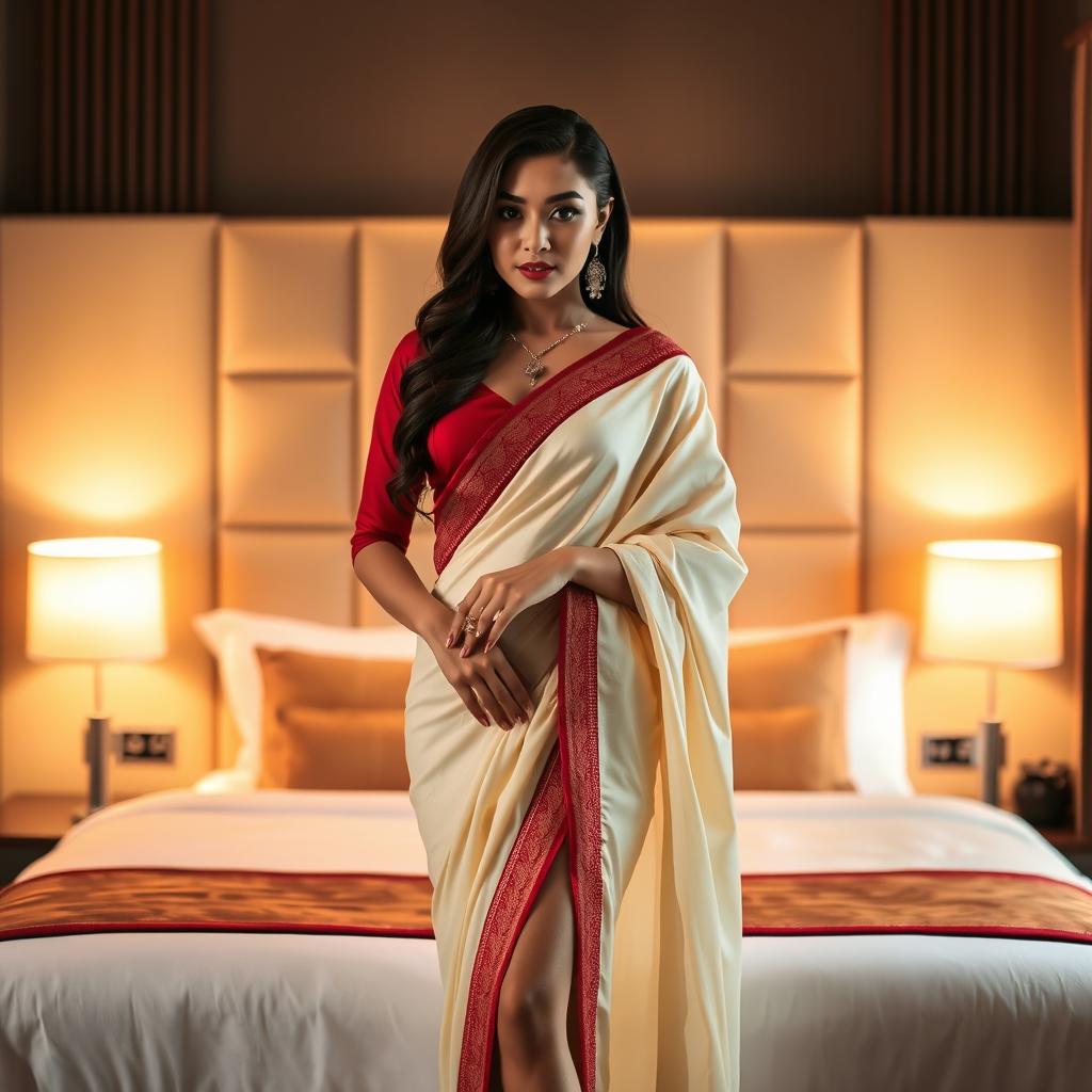 A sensual Thai woman adorned in a cream and red Mekhela Chadar with a stylish red blouse and high heels, showcasing her bold confidence and allure