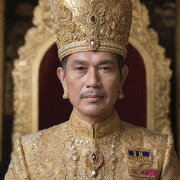 A Royal Thai king of middle age, adorned in golden royal attire with intricately designed jewelry and traditional Thai headdress, with a dignified and noble expression on his face.