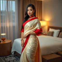 A sensual Thai woman adorned in a cream and red Mekhela Chadar with a stylish red blouse and high heels, showcasing her bold confidence and allure