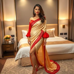 A sensual Thai woman adorned in a cream and red Mekhela Chadar with a stylish red blouse and high heels, showcasing her bold confidence and allure