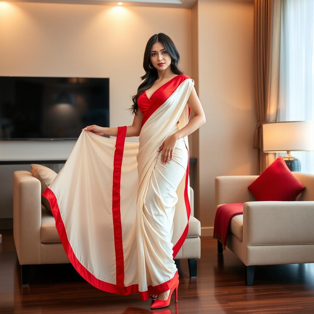 A stunning Thai model, exuding confidence and allure, elegantly wears a cream and red Mekhela Chadar with a vibrant red blouse and high heels