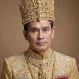 A Royal Thai king of middle age, adorned in golden royal attire with intricately designed jewelry and traditional Thai headdress, with a dignified and noble expression on his face.