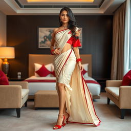 A stunning Thai model, exuding confidence and allure, elegantly wears a cream and red Mekhela Chadar with a vibrant red blouse and high heels