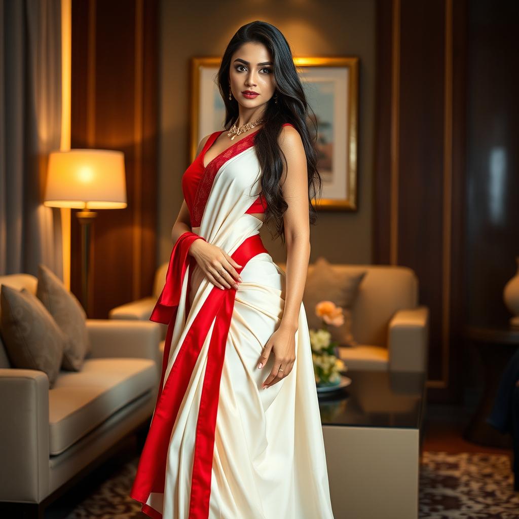 A stunning Thai model, exuding confidence and allure, elegantly wears a cream and red Mekhela Chadar with a vibrant red blouse and high heels