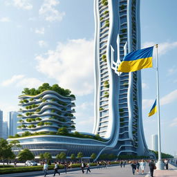 A realistic depiction of a bionic-shaped skyscraper with smooth, flowing lines and zigzags, rather than vertical lines