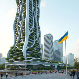 A realistic depiction of a bionic-shaped skyscraper with smooth, flowing lines and zigzags, rather than vertical lines