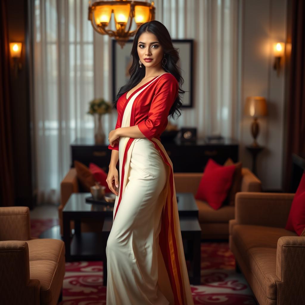 A stunning Thai model exuding confidence and allure, elegantly wears a cream and red Mekhela Chadar with a vivid red blouse and stylish high heels