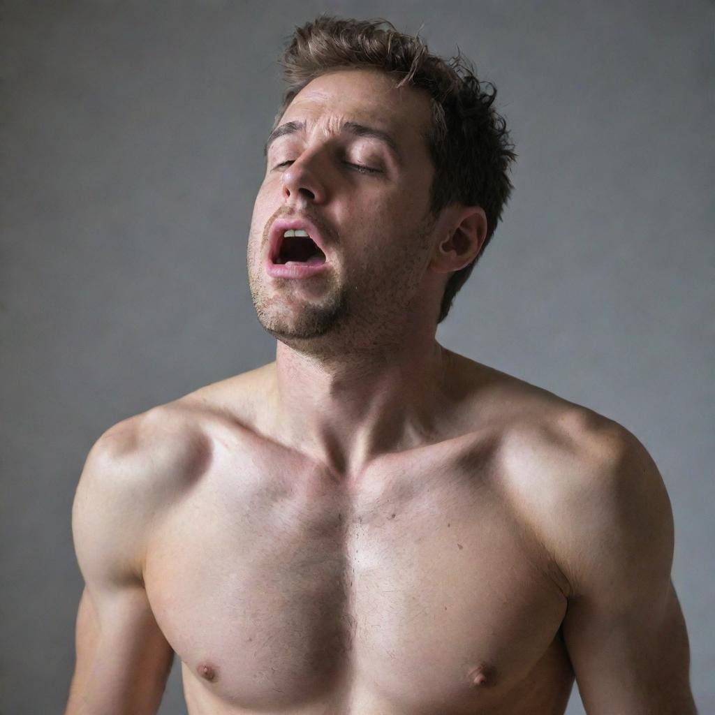 A dynamic portrayal of an individual breathing rapidly in a state of distress, highlighting the vigorous chest movement and hasty inhalations.