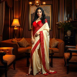 A stunning Thai model exuding confidence and allure, elegantly wears a cream and red Mekhela Chadar with a vivid red blouse and stylish high heels