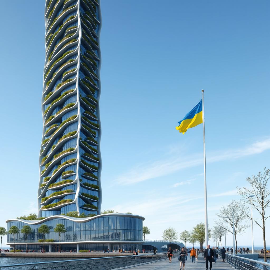 A realistic scene featuring a bionic skyscraper with flowing lines and zigzag patterns, rather than vertical
