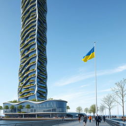 A realistic scene featuring a bionic skyscraper with flowing lines and zigzag patterns, rather than vertical