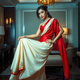 A stunning Thai model exuding exotic allure, dressed in a cream and red Mekhela Chadar with a striking red blouse and high heels, striking a glamorous pose in an elegantly designed OYO room