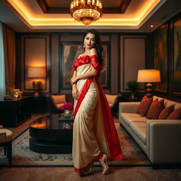 A captivating Thai model, radiating poise and allure, is dressed in a cream and red Mekhela Chadar with a striking red blouse and stylish high heels