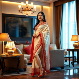 A captivating Thai model, radiating poise and allure, is dressed in a cream and red Mekhela Chadar with a striking red blouse and stylish high heels