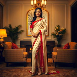 A captivating Thai model, radiating poise and allure, is dressed in a cream and red Mekhela Chadar with a striking red blouse and stylish high heels