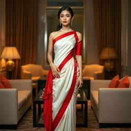 A captivating Thai model, radiating poise and allure, is dressed in a cream and red Mekhela Chadar with a striking red blouse and stylish high heels