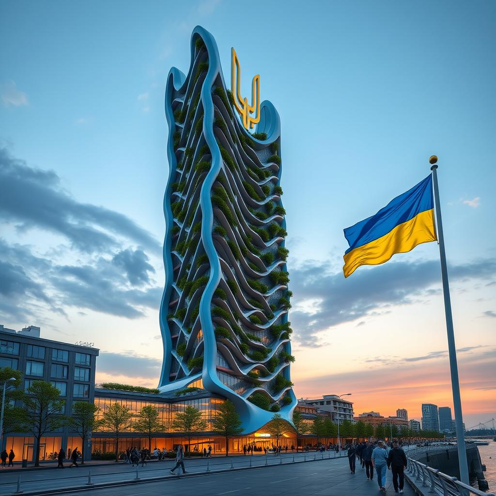 A realistic evening scene depicting a bionic-shaped skyscraper with flowing lines and zigzag patterns