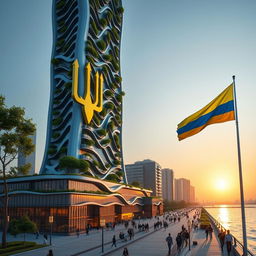 A realistic evening scene depicting a bionic-shaped skyscraper with flowing lines and zigzag patterns