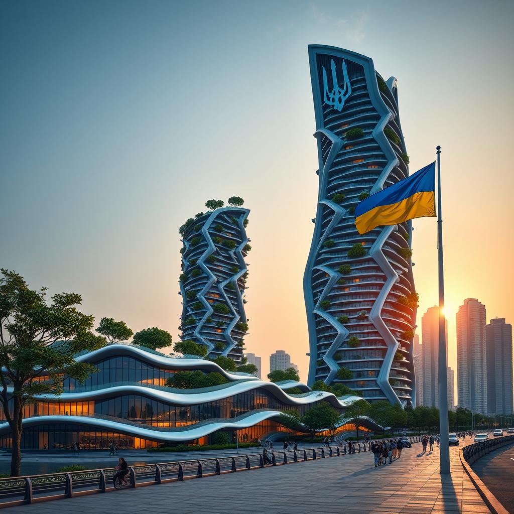 A realistic evening scene depicting a bionic-shaped skyscraper with flowing lines and zigzag patterns