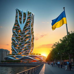 A realistic evening scene depicting a bionic-shaped skyscraper with flowing lines and zigzag patterns