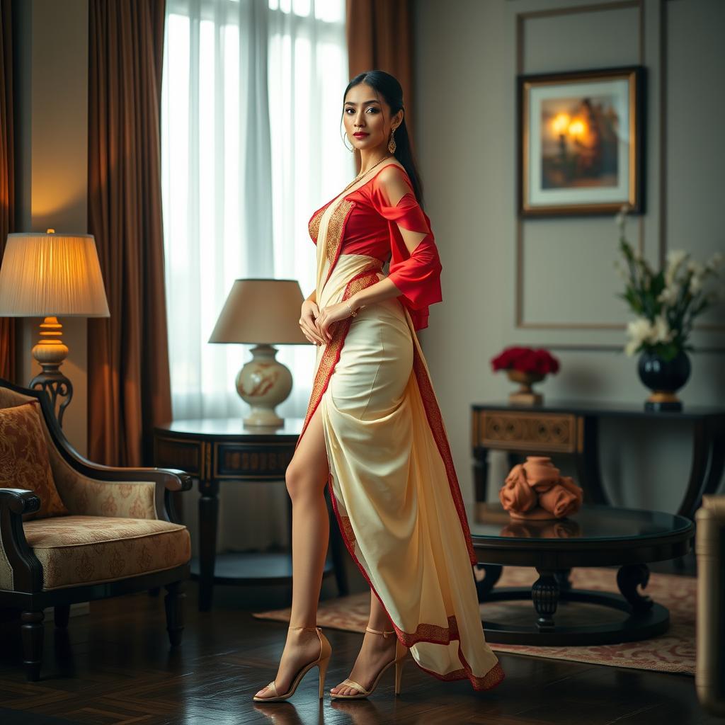 A captivating Thai model, exuding confidence and allure, dressed in a cream and red Mekhela Chadar with a striking red blouse and stylish high heels