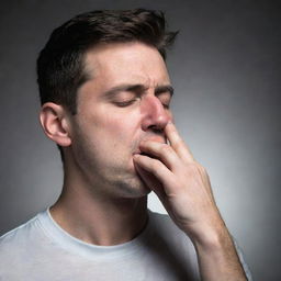 A dramatic representation of an individual forcefully breathing through their mouth, with their nose closed by hand due to some discomfort or difficulty.