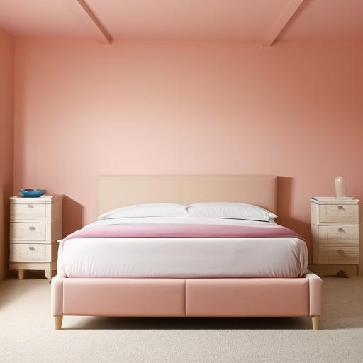 A bedroom featuring a large bed with prominent back support. The back wall is painted a soft pinkish-brown color.