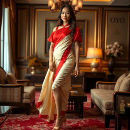 A captivating Thai model, exuding confidence and allure, dressed in a cream and red Mekhela Chadar with a striking red blouse and stylish high heels