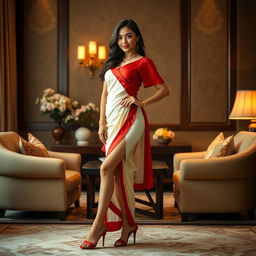 A captivating Thai model, exuding confidence and allure, dressed in a cream and red Mekhela Chadar with a striking red blouse and stylish high heels