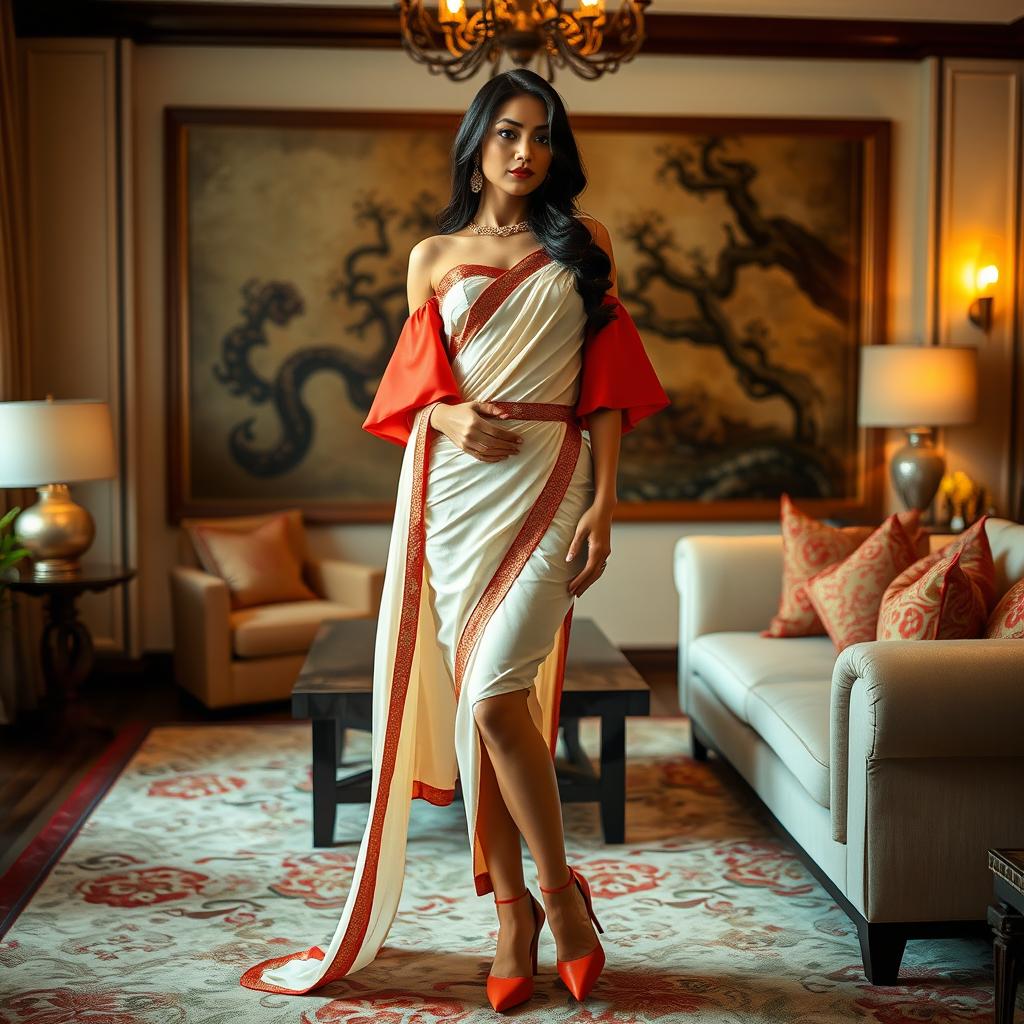 A captivating Thai model, exuding confidence and allure, dressed in a cream and red Mekhela Chadar with a striking red blouse and stylish high heels