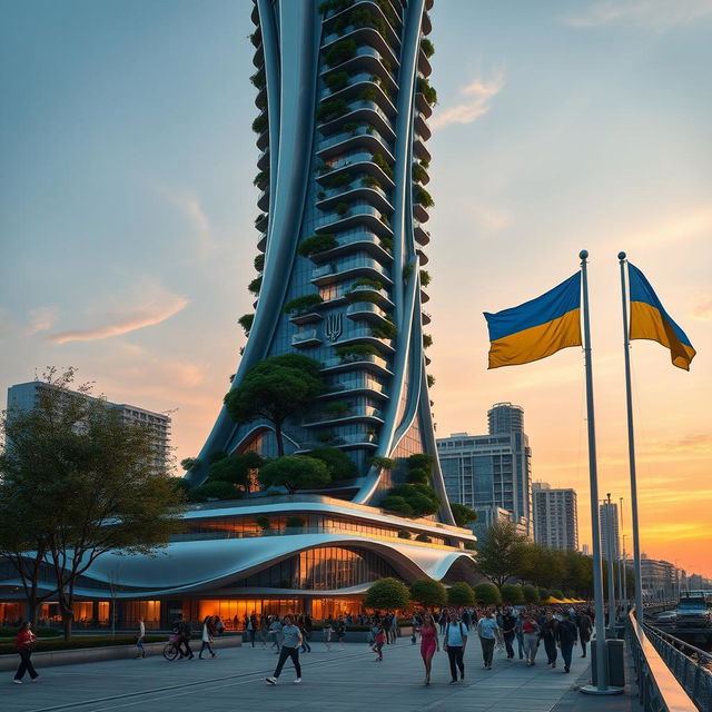 A realistic evening scene of a bionic-shaped skyscraper with smooth, flowing lines and zigzags