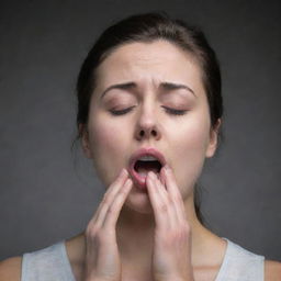 A dramatic representation of an individual forcefully breathing through their mouth, with their nose closed by hand due to some discomfort or difficulty.