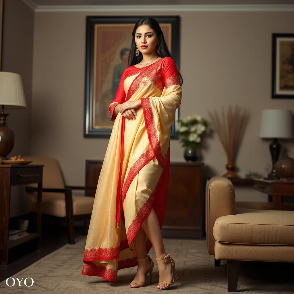 A striking Thai model, dressed in a muga, cream, and red Mekhela Chadar with a matching red blouse and stylish high heels, poses dramatically in a tastefully decorated OYO room