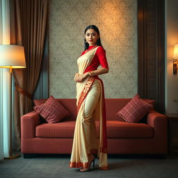 A striking Thai model, dressed in a muga, cream, and red Mekhela Chadar with a matching red blouse and stylish high heels, poses dramatically in a tastefully decorated OYO room