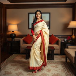 A striking Thai model, dressed in a muga, cream, and red Mekhela Chadar with a matching red blouse and stylish high heels, poses dramatically in a tastefully decorated OYO room