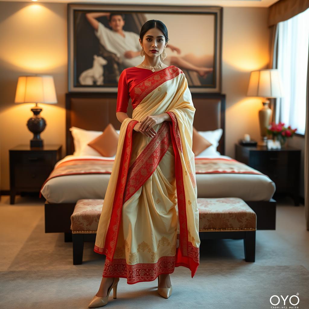 A striking Thai model, dressed in a muga, cream, and red Mekhela Chadar with a matching red blouse and stylish high heels, poses dramatically in a tastefully decorated OYO room