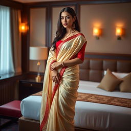 A Thai model, emanating allure and elegance, is dressed in an elegant mekhela chadar of cream and red, complemented by a red blouse and high heels