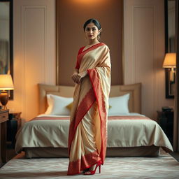 A Thai model, emanating allure and elegance, is dressed in an elegant mekhela chadar of cream and red, complemented by a red blouse and high heels