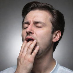 A dramatic representation of an individual forcefully breathing through their mouth, with their nose closed by hand due to some discomfort or difficulty.