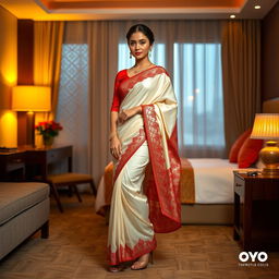 A Thai model, emanating allure and elegance, is dressed in an elegant mekhela chadar of cream and red, complemented by a red blouse and high heels